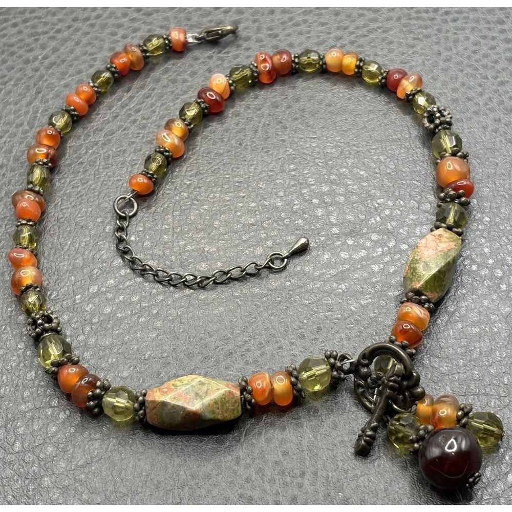Vintage Boho Red Orange Carnelian Unakite Stone Ornate Toggle Clasp 16-18"